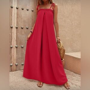SHEIN MOD Red Maxi Dress Tie-Shoulder Straps & Smocked Bust (Size S)